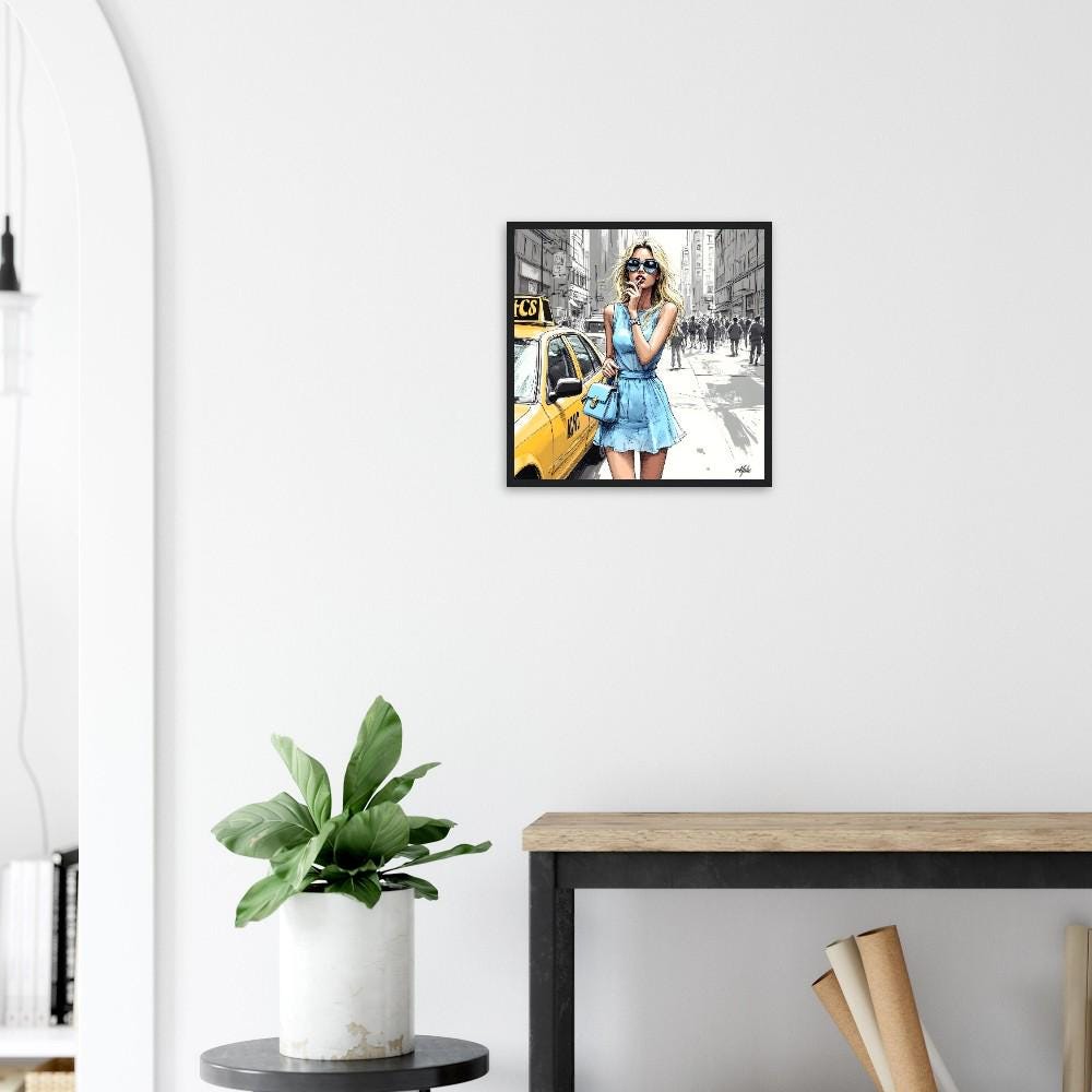 NYC Woman Art Print - Limited Edition 40x40cm Baby Blue Framed Poster - Stylish Home Decor Gift