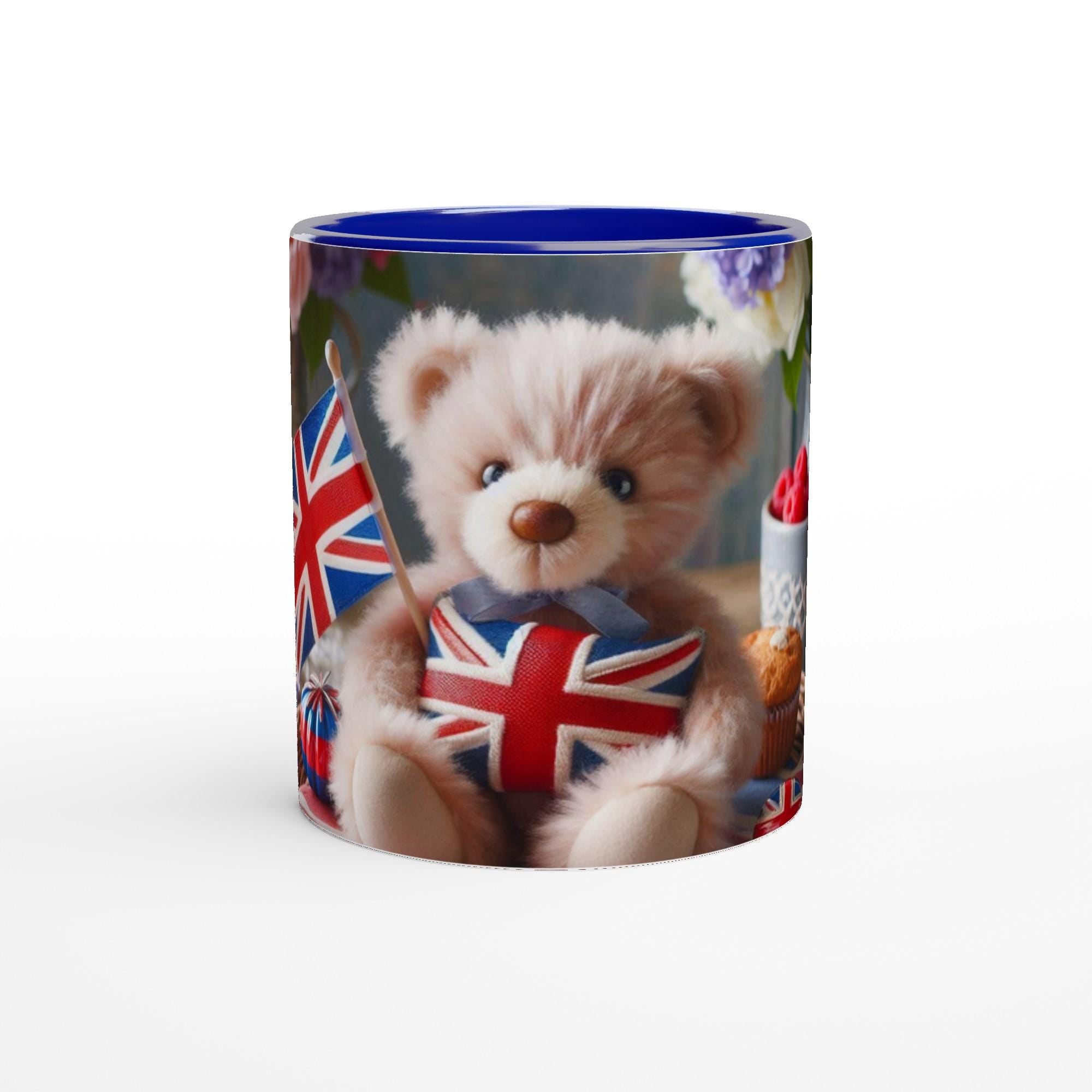 White 11oz Ceramic Mug with Color Inside Ceramic Blue British Teddy Bear 1
