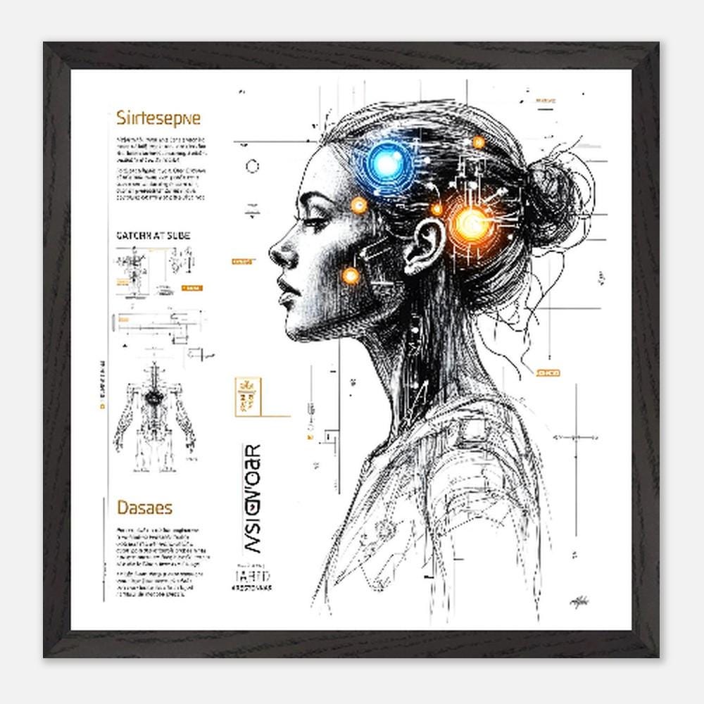 Cyborg Anatomy Art - Limited Edition Mounted Framed Poster(40x40cm) with Unique Script - Futuristic Decor