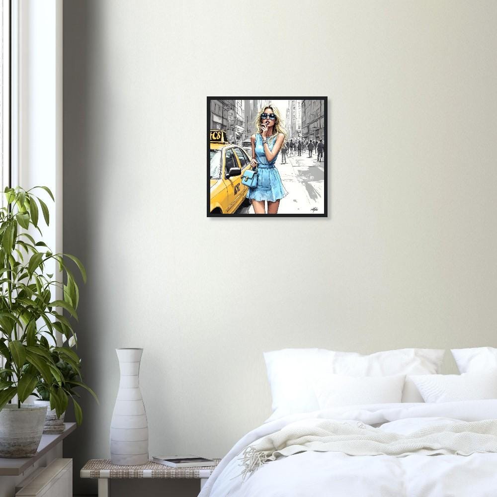 NYC Woman Art Print - Limited Edition 40x40cm Baby Blue Framed Poster - Stylish Home Decor Gift