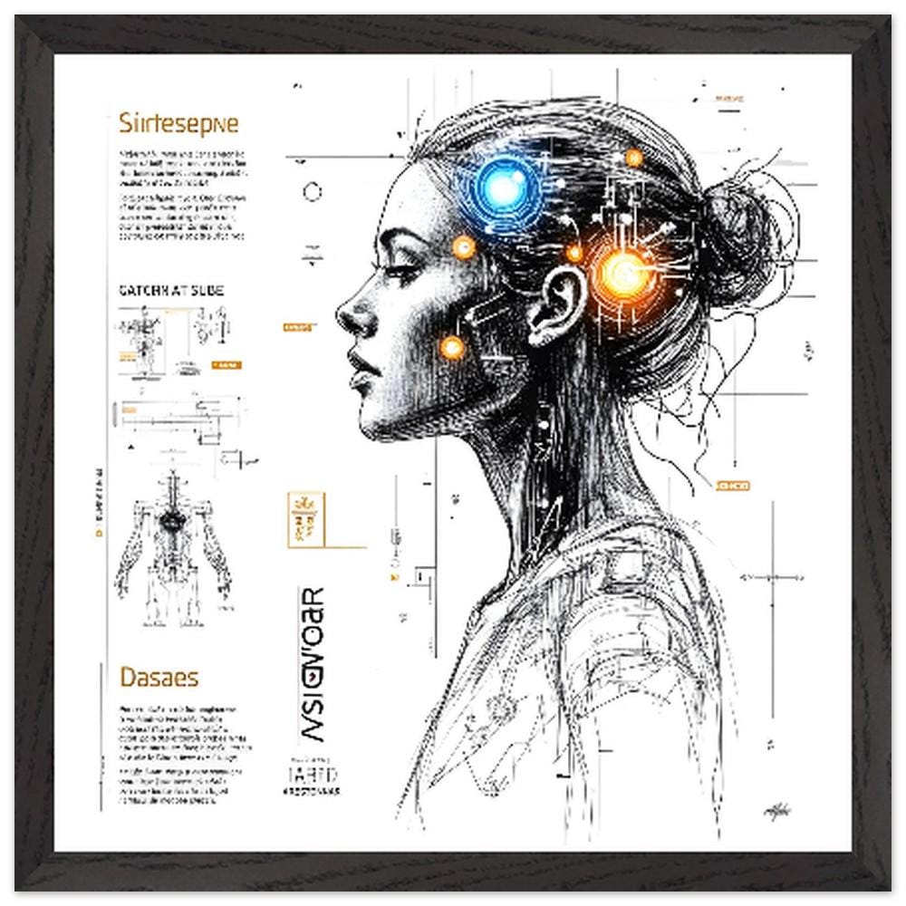 Cyborg Anatomy Art - Limited Edition Mounted Framed Poster(40x40cm) with Unique Script - Futuristic Decor