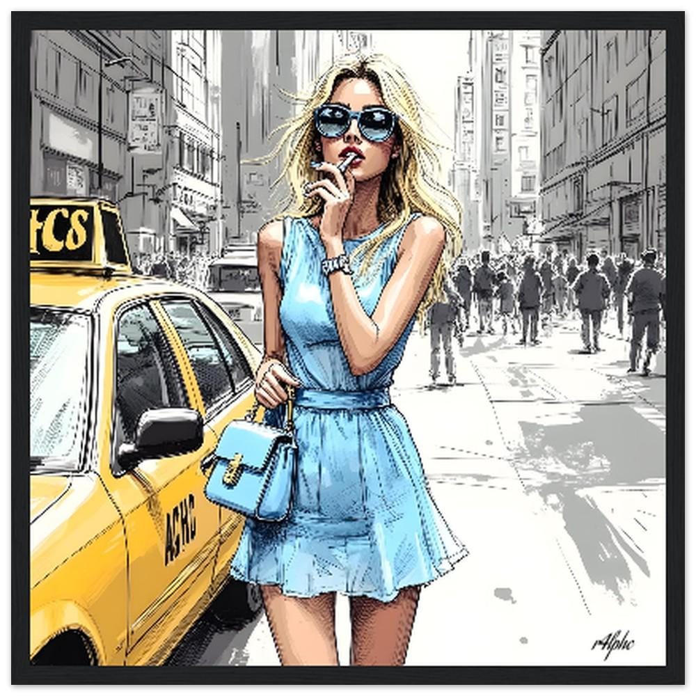 NYC Woman Art Print - Limited Edition 40x40cm Baby Blue Framed Poster - Stylish Home Decor Gift